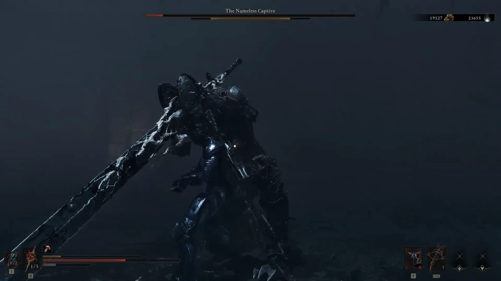Player attacking the armored Nameless Captive during the boss fight
