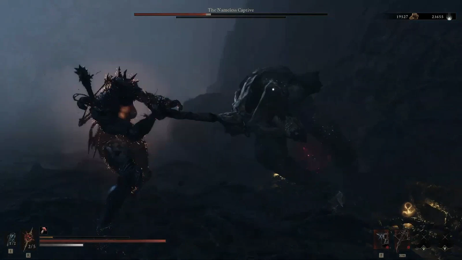 Nameless Captive health bar while the player strikes the large armored enemy