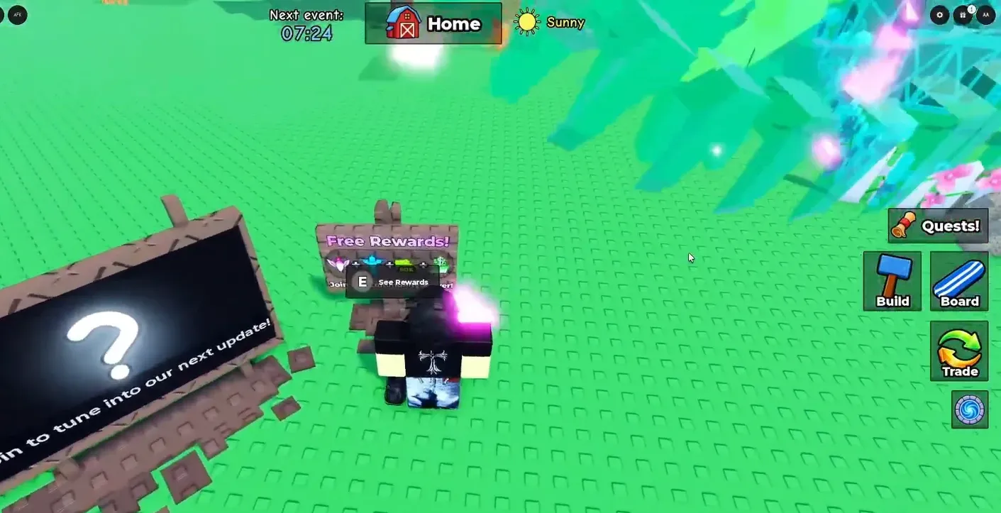 The Free Rewards stand at the player base showing the E prompt to open the rewards menu