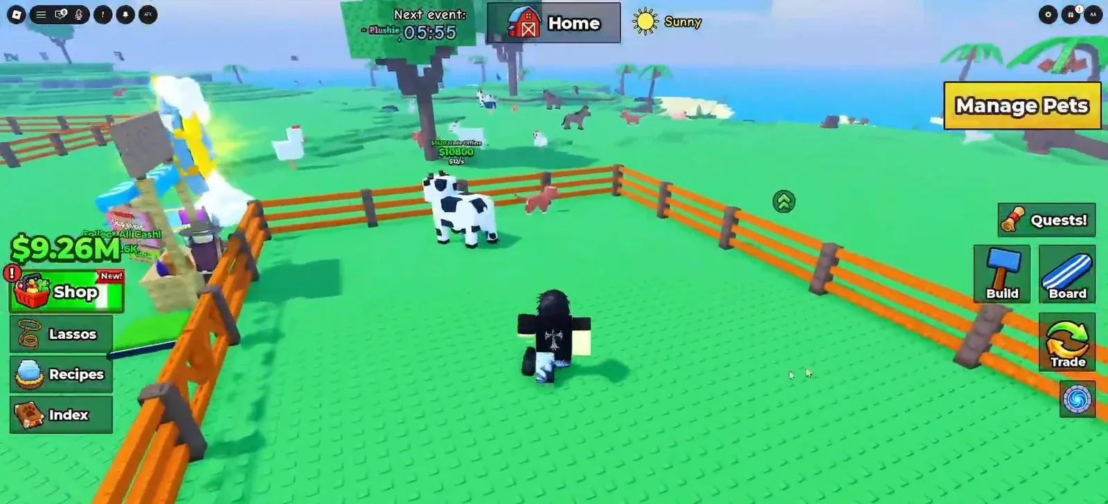 A new cow pet standing in the fenced pen at Home with the Manage Pets button visible