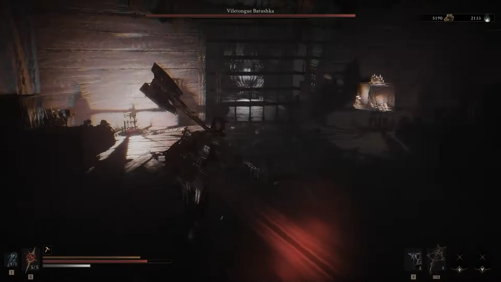 Player swings a heavy weapon at Viletongue Batushka in a candlelit chamber