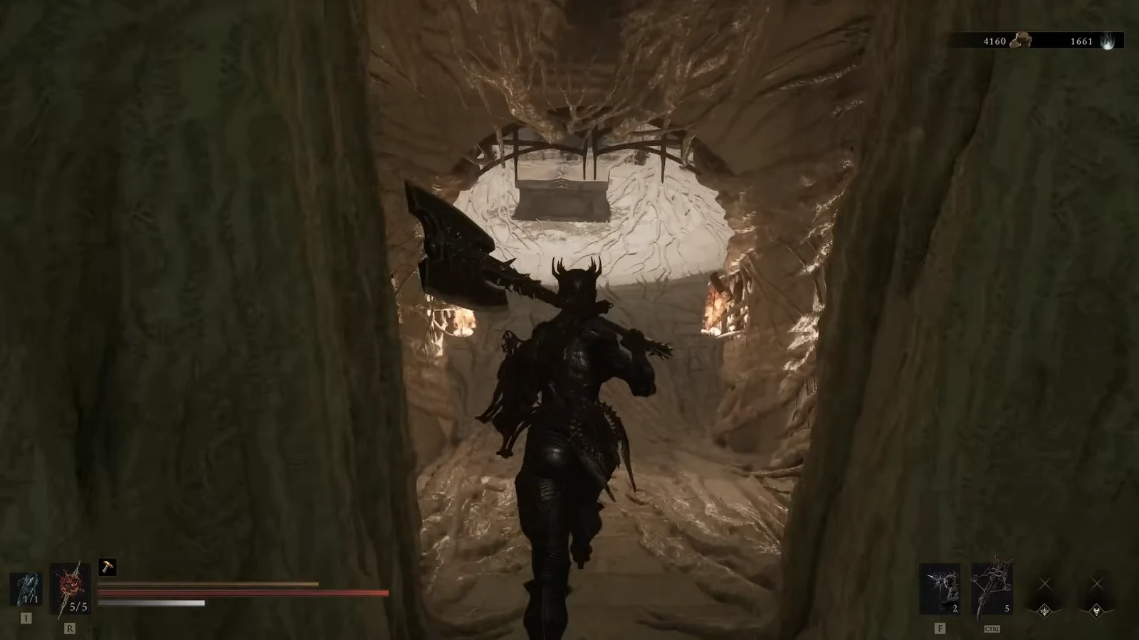 Armored Harbinger carrying a large axe steps through a doorway into a torchlit cavern