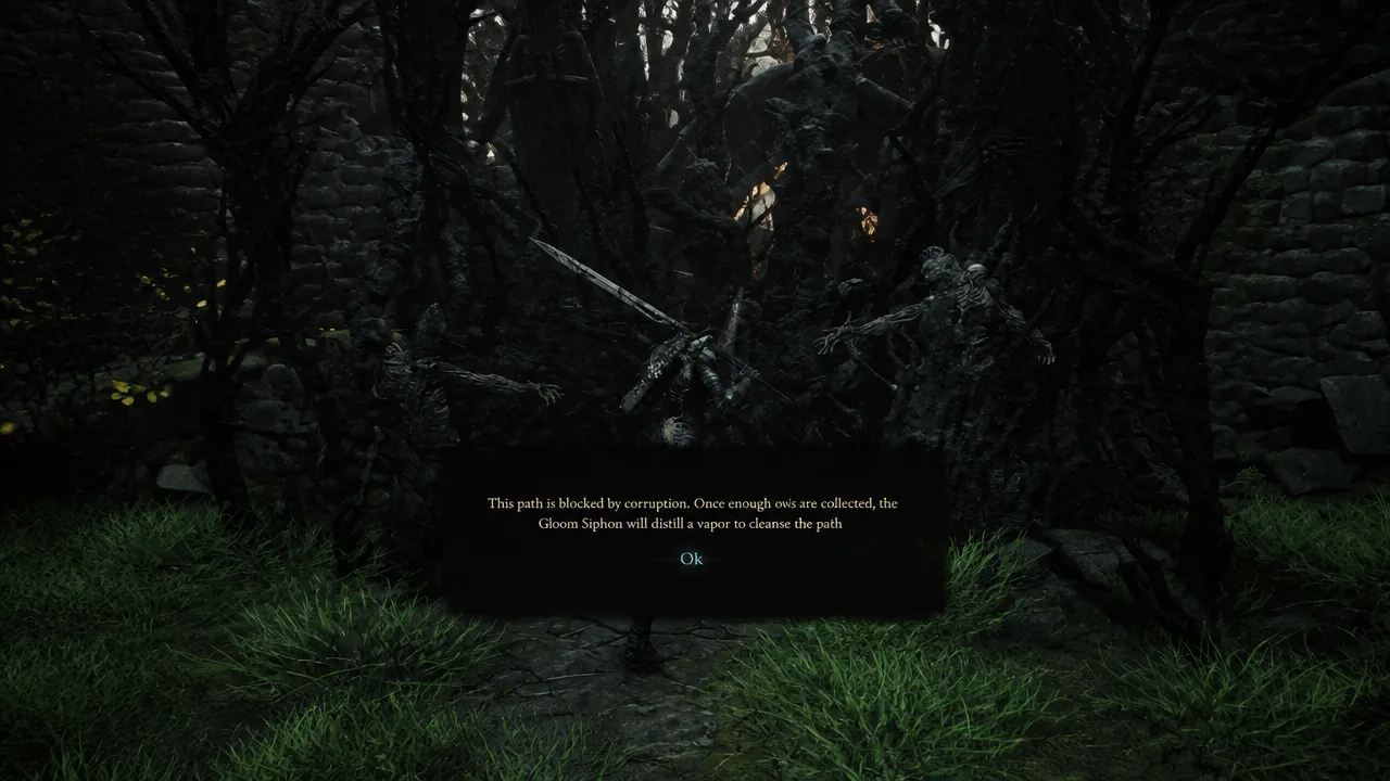 Corruption warning dialog telling you the Gloom Siphon can cleanse the blocked path once enough Ova are collected