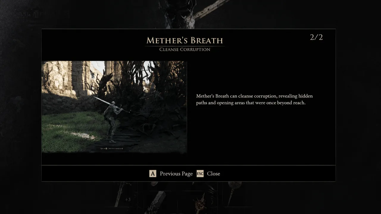 Mether's Breath tutorial page explaining how it cleanses corruption and reveals hidden paths