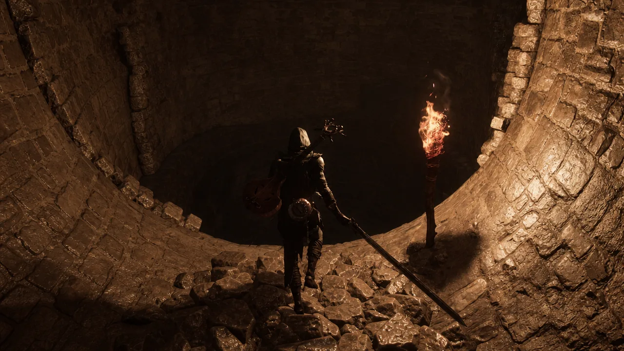 Hooded warrior moving down a rubble-strewn stone tunnel toward a burning torch
