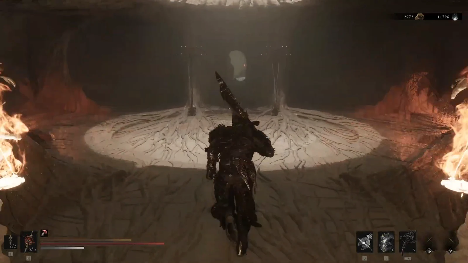 Armored Harbinger running across a root-covered arena toward a dark chamber in Hermit's Pass