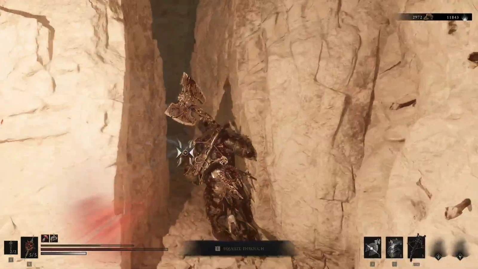 SQUEEZE THROUGH prompt as the character slips through a narrow gap between rock walls