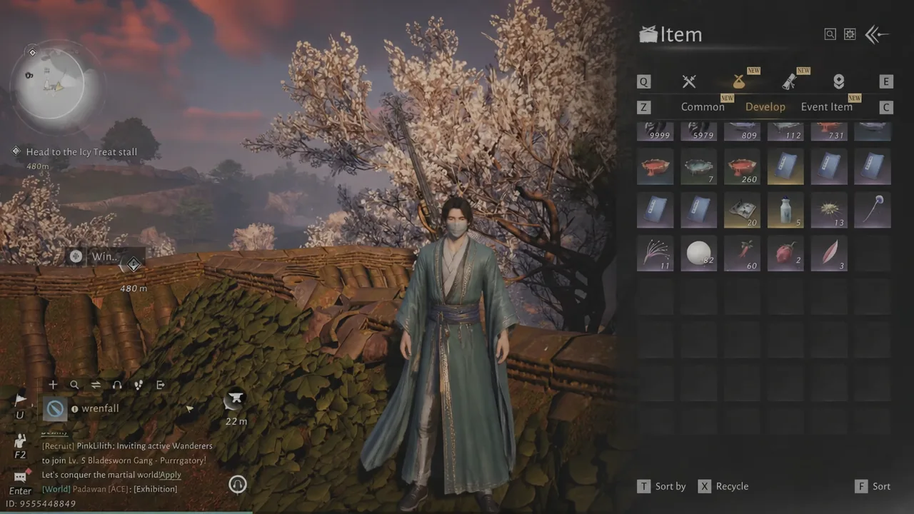 Item menu open on the Develop tab showing development materials and their quantities