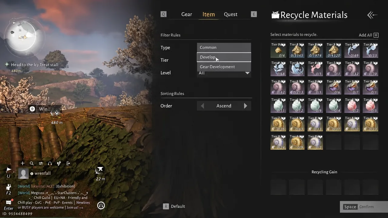 Type filter dropdown open on the Recycle Materials screen with the Develop category highlighted
