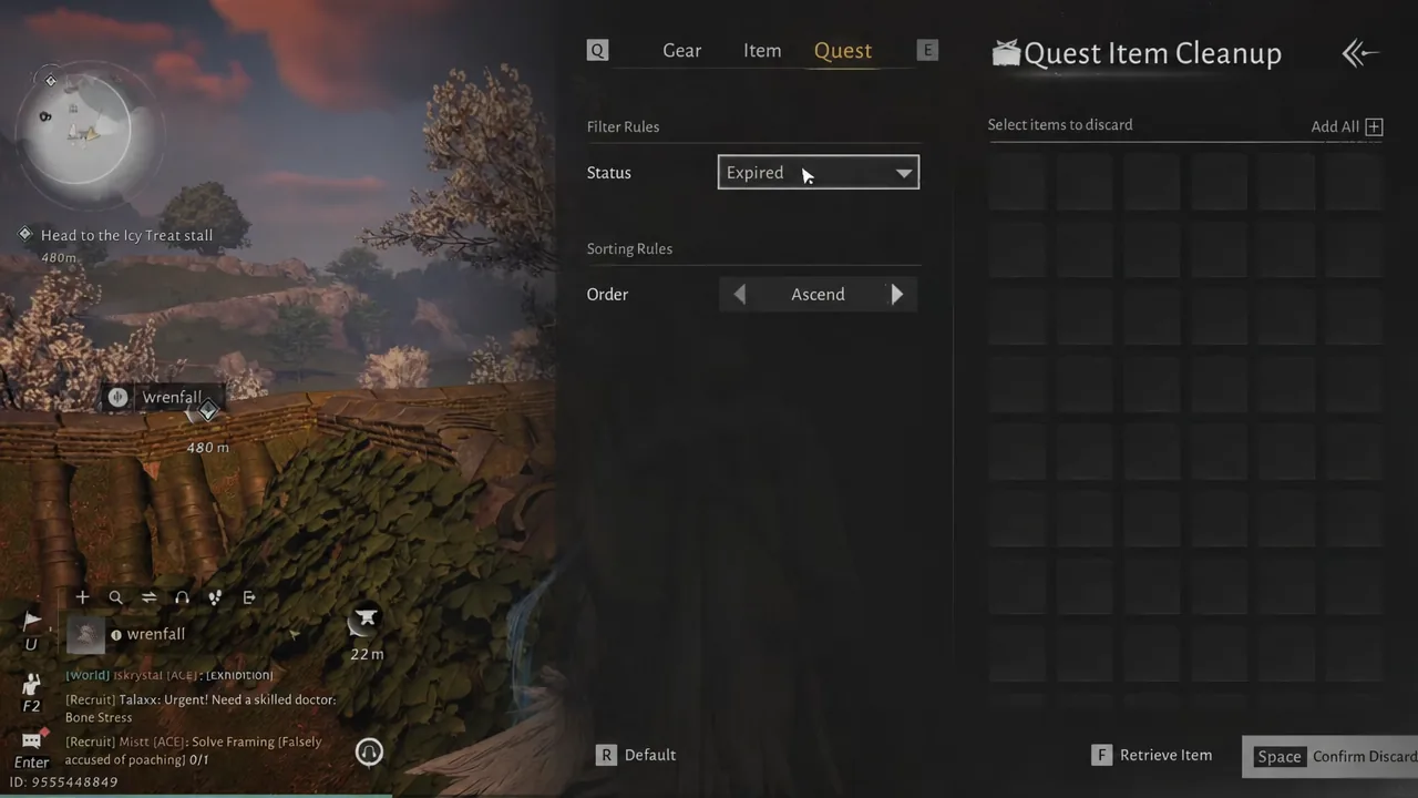 Quest Item Cleanup screen with the Status dropdown set to Expired