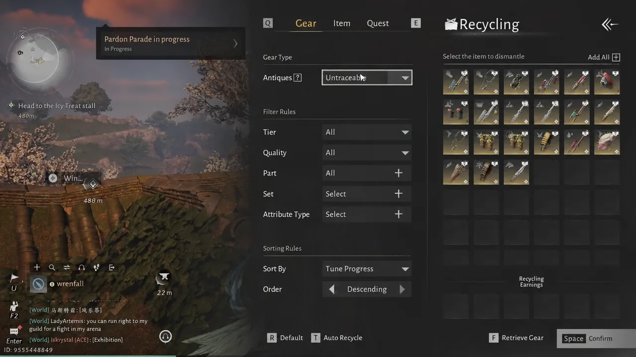 Recycling screen Gear tab with the Gear Type field set to Untraceable