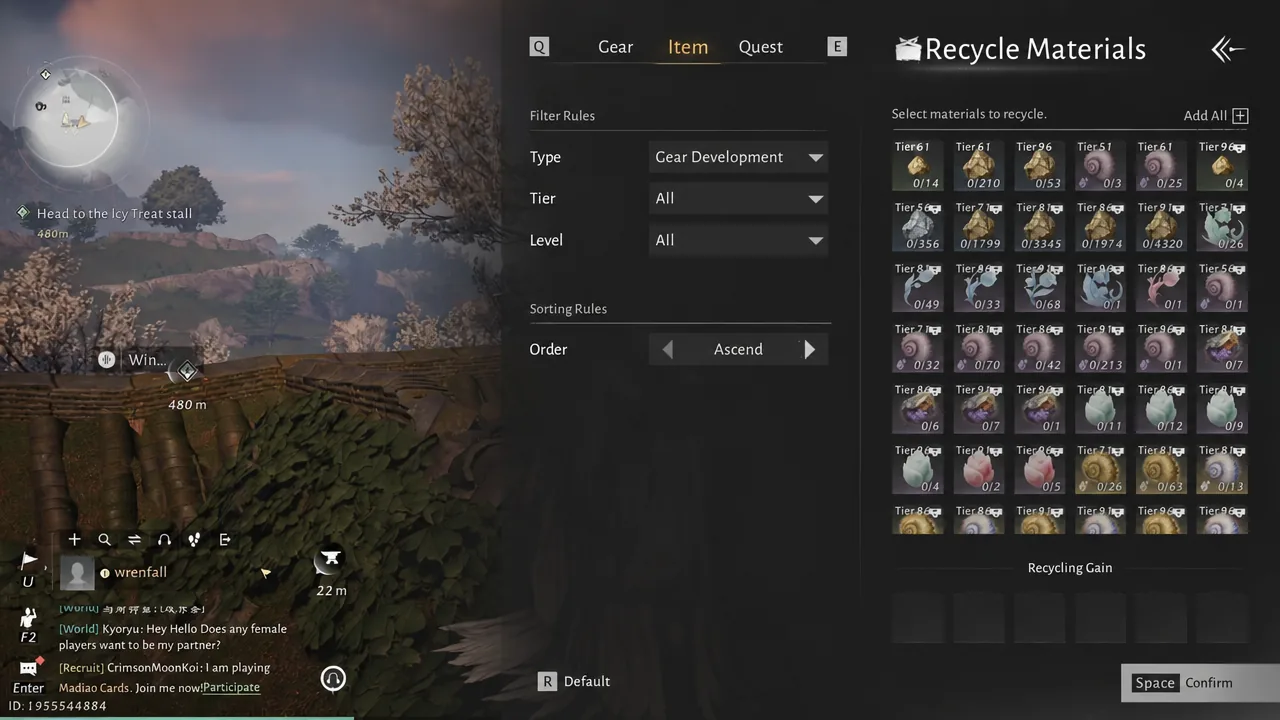 Recycle Materials screen on the Item tab with Gear Development materials selected for recycling