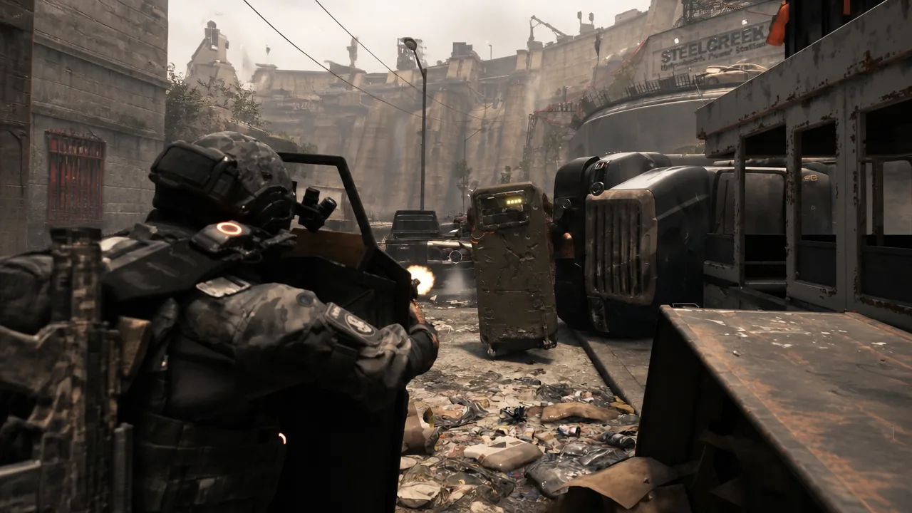 Agent taking cover behind a vehicle and firing down a debris-filled street