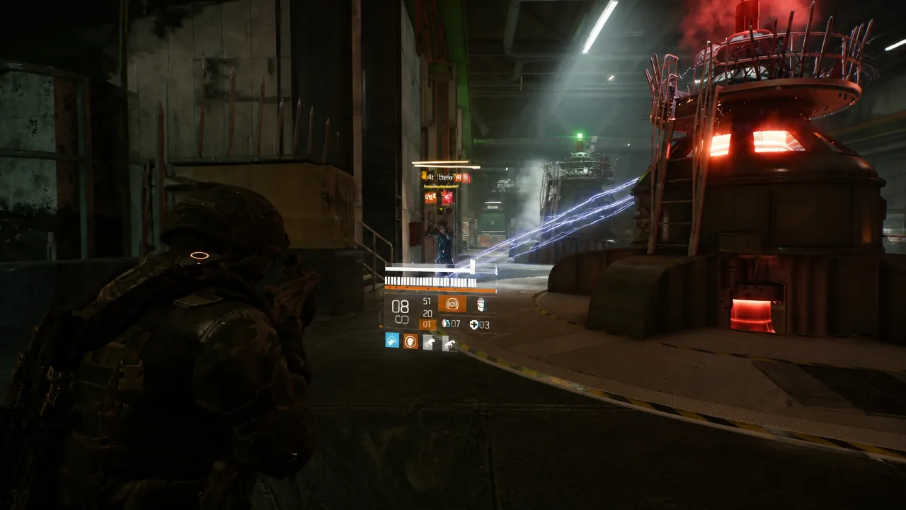 Agent aiming at an enemy beside electrified machinery