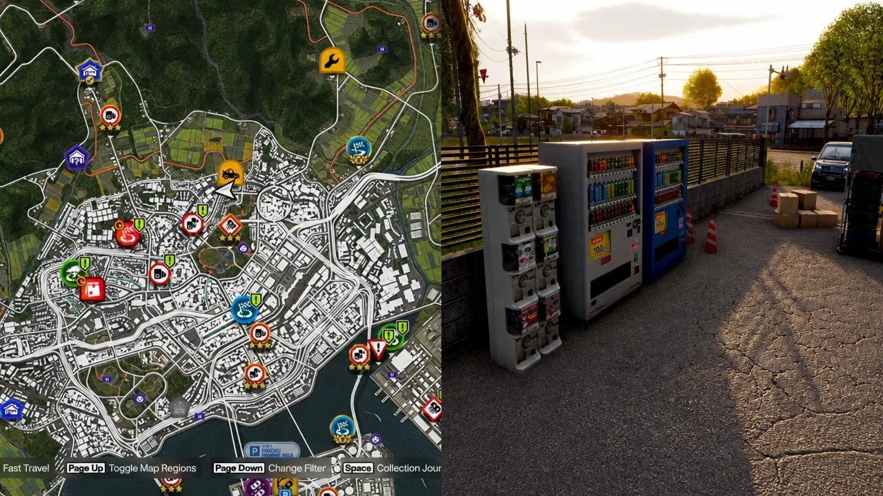 City map open with activity icons and fast travel controls