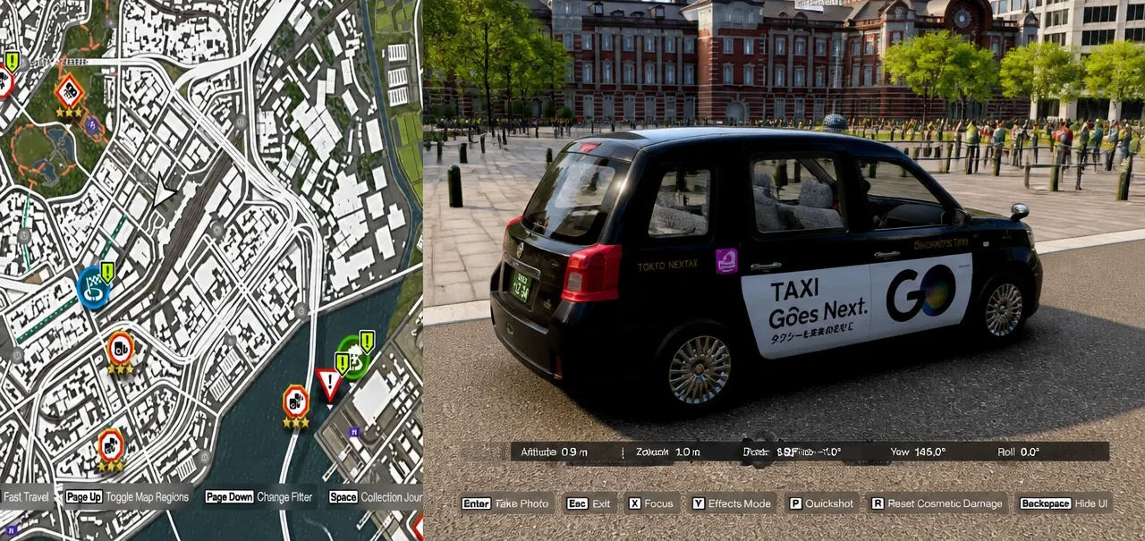 Photo mode showing the Tokyo taxi with the city map and camera controls