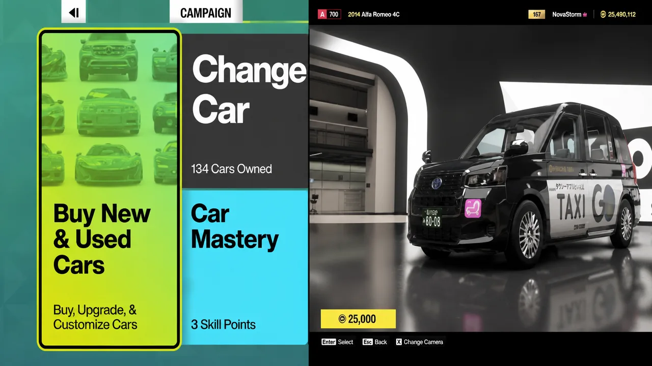 Buy New & Used Cars menu highlighted in the Change Car screen