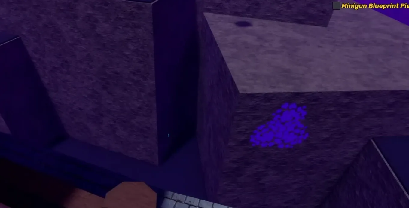 Glowing blue blueprint marker highlighted near the temple building wall