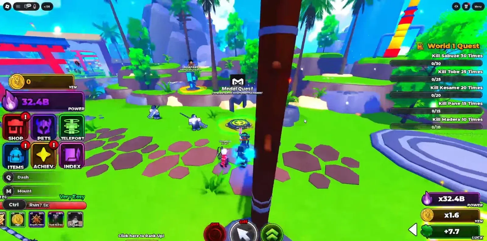 In-game Medal Quests sign near quest-givers with World 1 objectives on screen