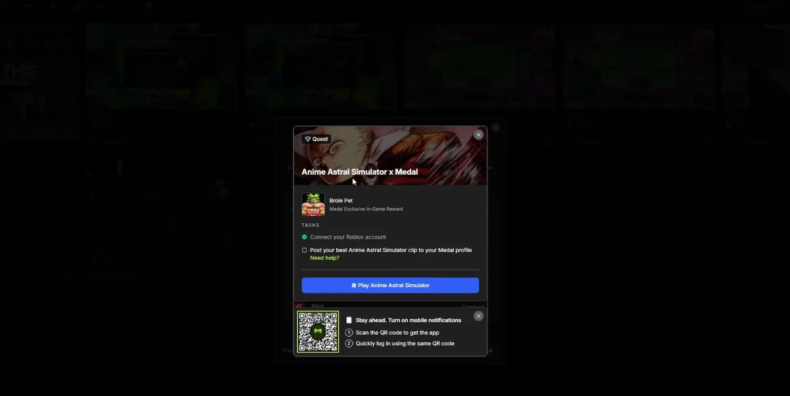 Anime Astral Simulator x Medal quest dialog showing account connected and a clip upload prompt