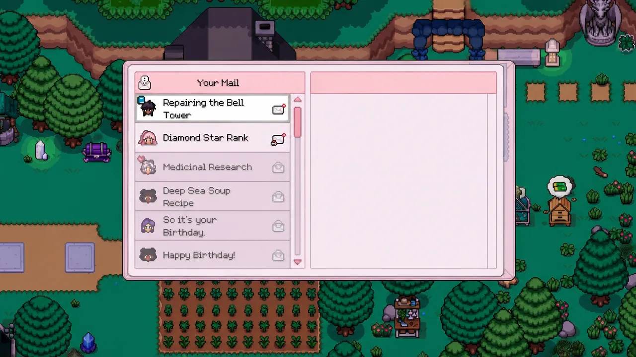 Your Mail screen with the Repairing the Bell Tower message highlighted
