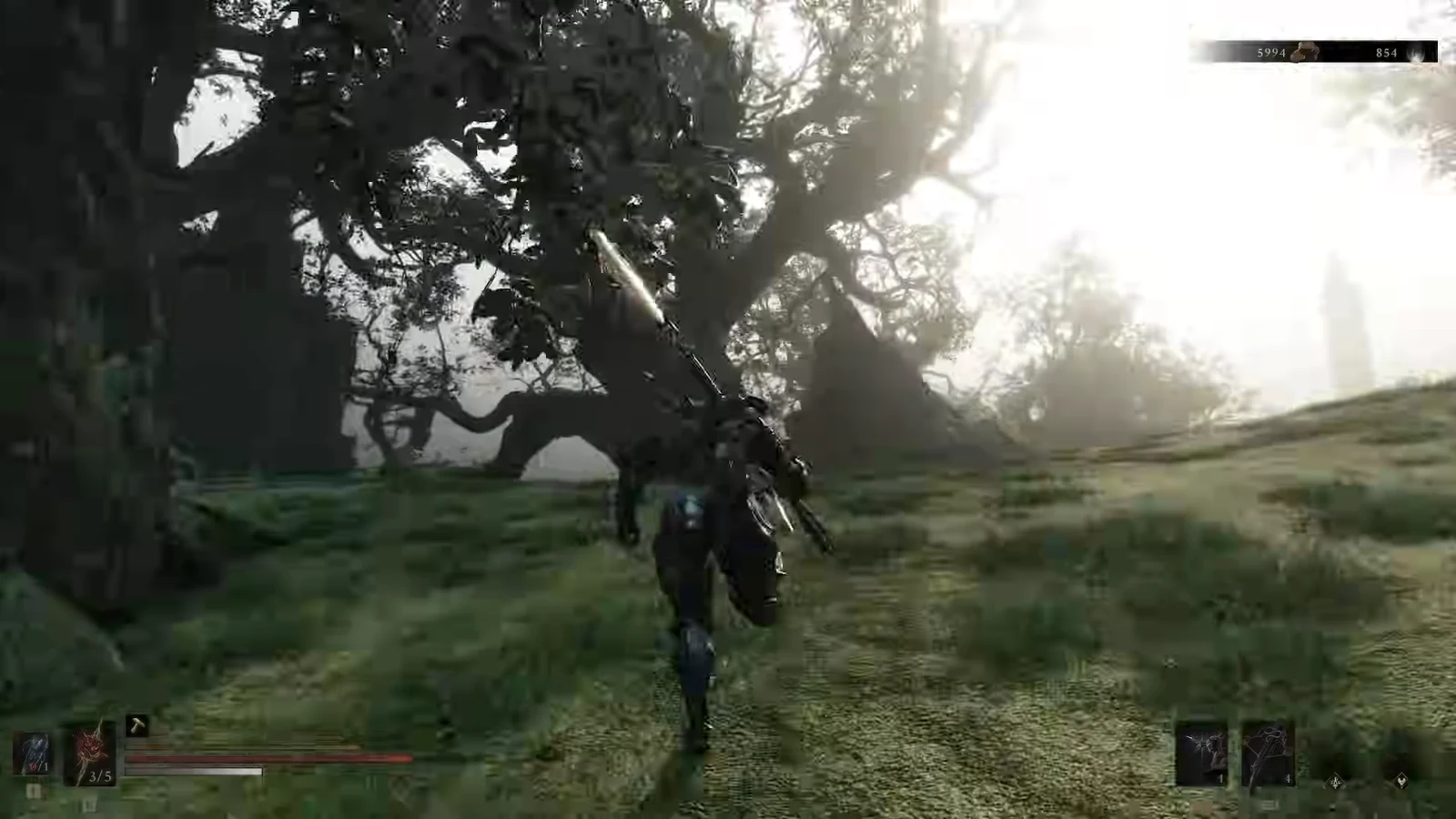 Armored player running through a bright forest with a large weapon drawn