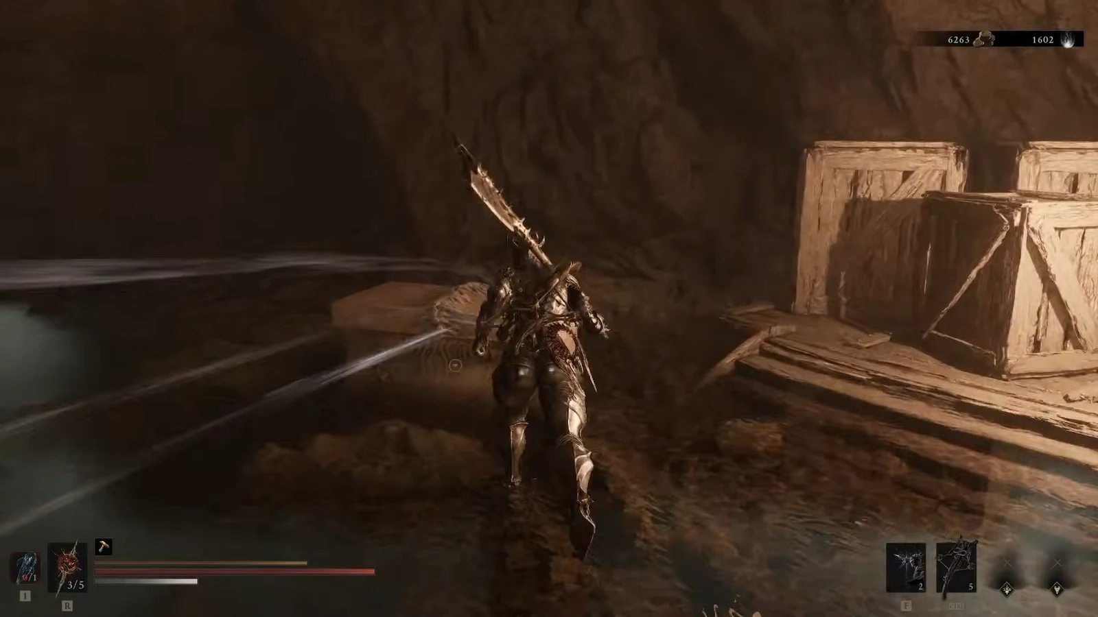 Armored character walking through a cavern toward stacked wooden crates