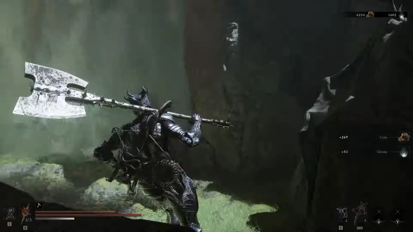 Armored fighter with a huge axe as coin and gloom rewards appear