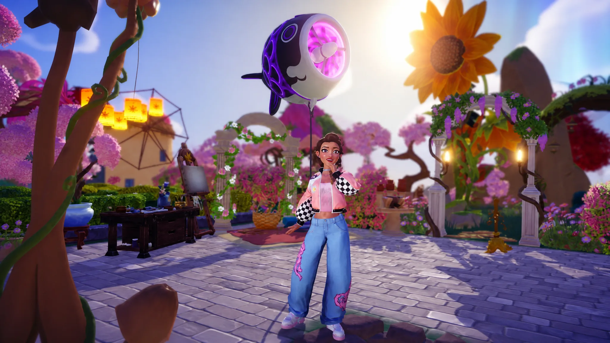 Posing by neon koi lantern in disney dreamlight
