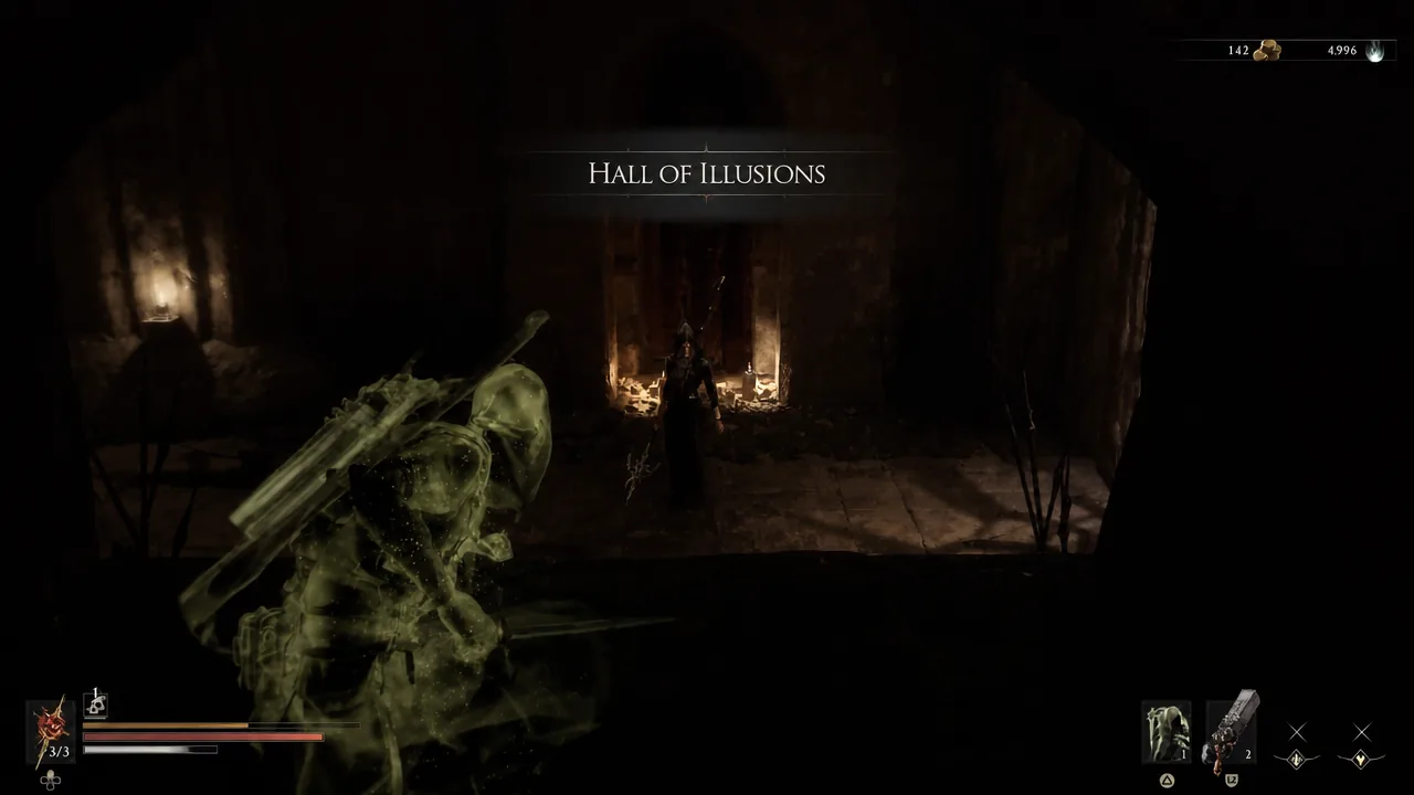 Harbinger approaching a hostile enemy in the dark opening hall of the dungeon