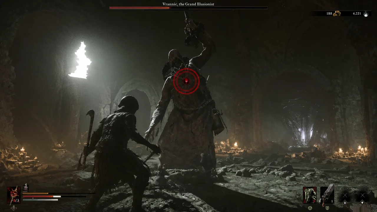 Red lock-on reticle on Vrannic the Grand Illusionist during the boss battle