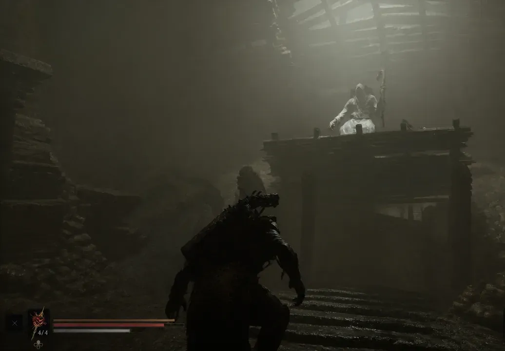 Player character climbing stone steps toward a hooded figure on a raised platform