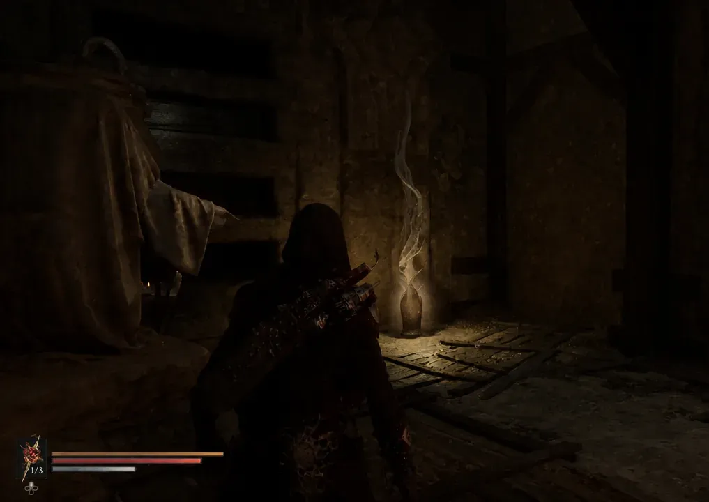 Hooded character approaching a glowing, smoke-emitting vessel in a stone dungeon room