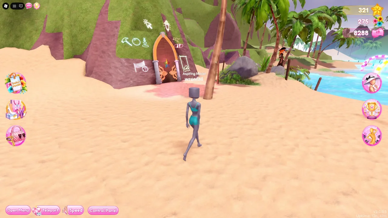 Avatar approaching the beach portal entrance near the locked cave door in Dress to Impress