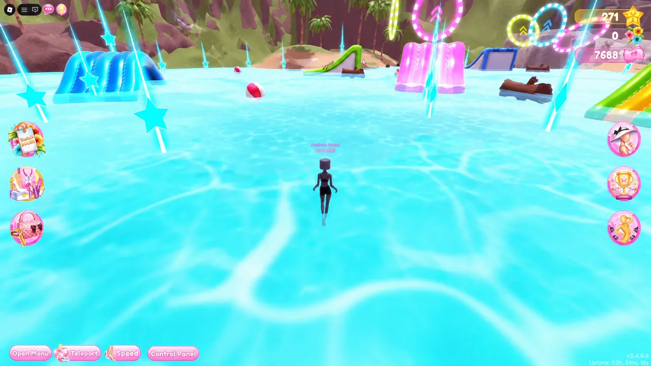 Avatar swimming in the pool near the grassy island where the Flower Basket chest is buried