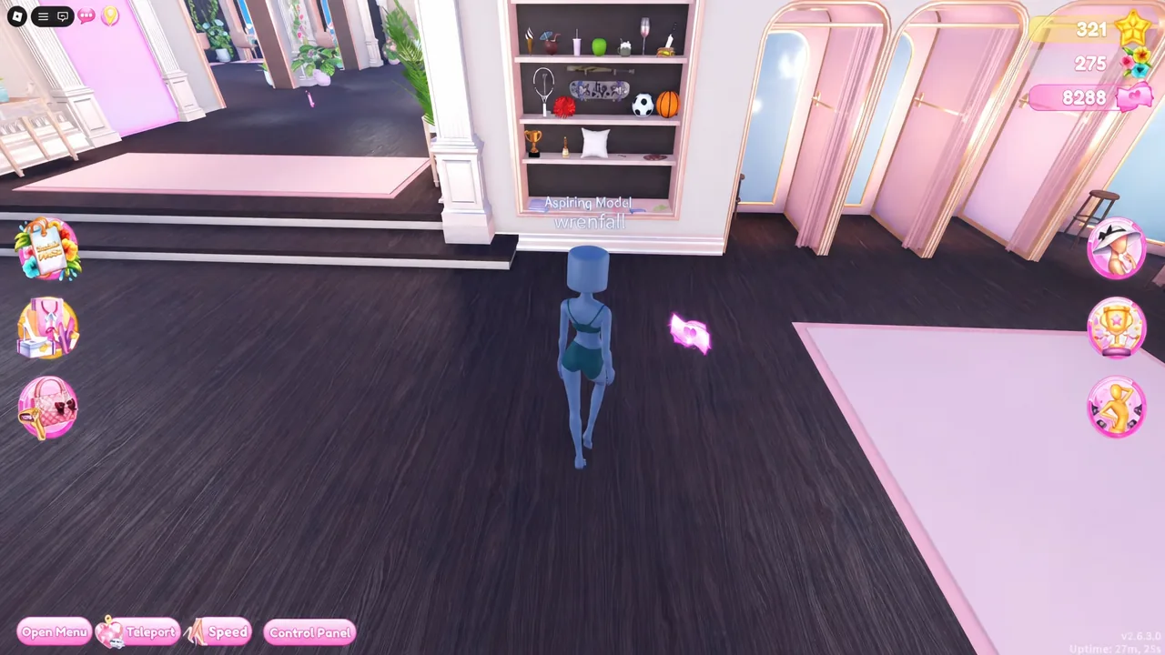 Avatar moving toward a glowing pink item to pick up the ball in the dressing room