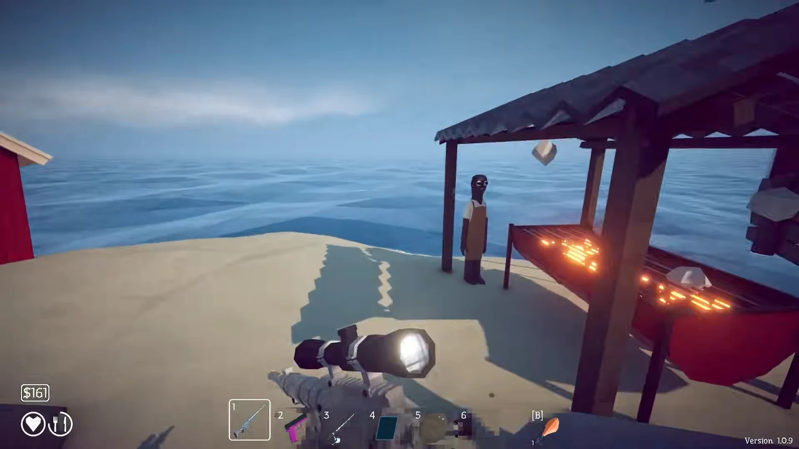First-person view facing the beachside forge and the grill master NPC with a weapon in hotbar slot 1