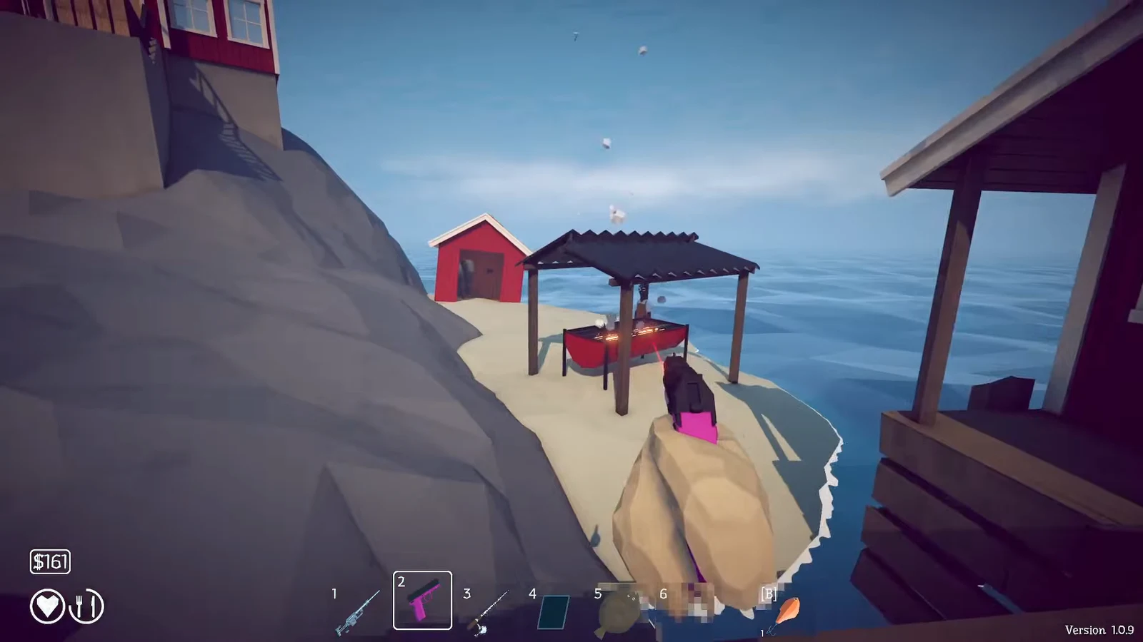 Gameplay view with weapon slot 2 highlighted, holding a pink pistol while facing the lit seaside grill