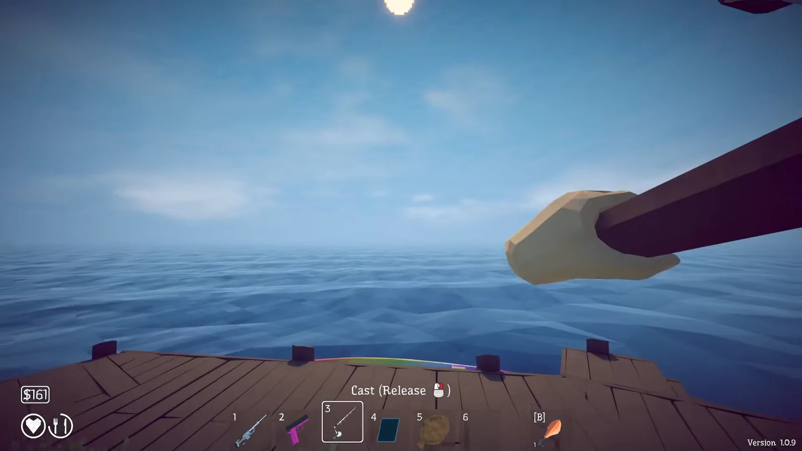 Fishing rod selected in the hotbar with the Cast prompt shown before casting from the raft