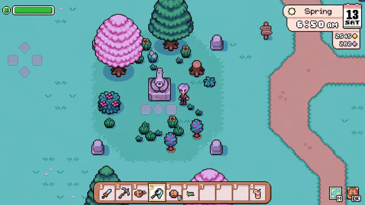 Outdoor farmland with the watering can equipped in the fourth toolbar slot