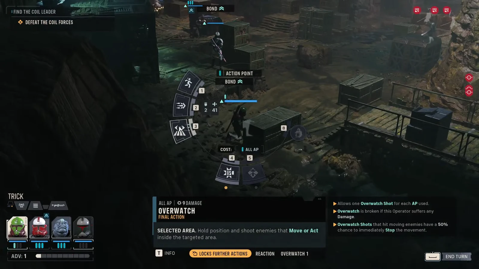 Overwatch selected as the final action, showing the covered area and its AP cost