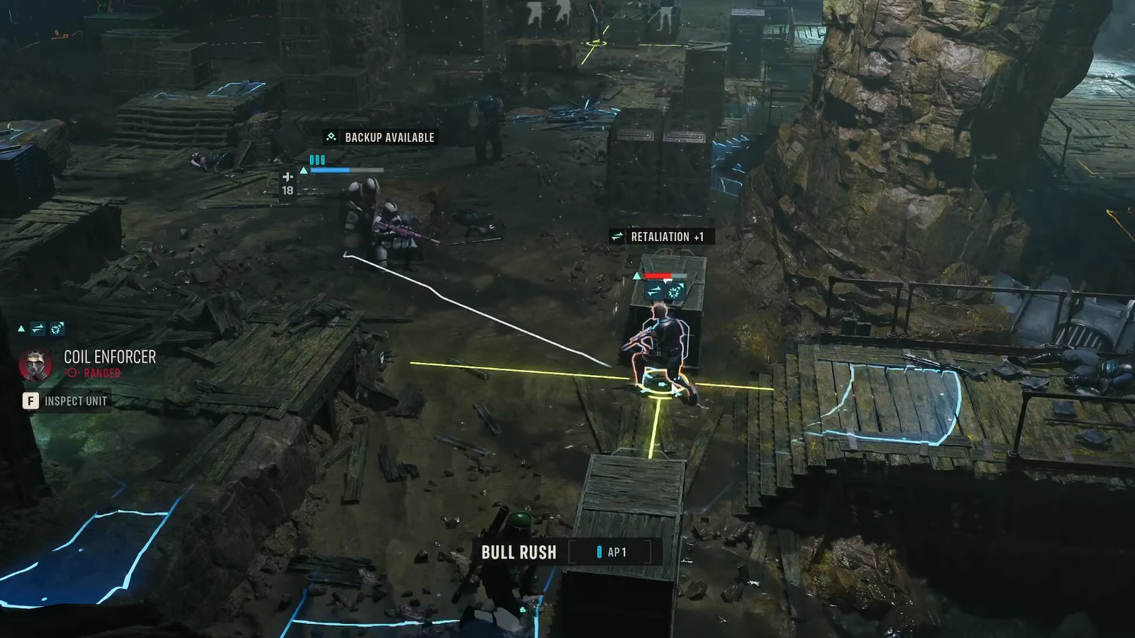 Bull Rush selected against a highlighted Coil Enforcer for one action point
