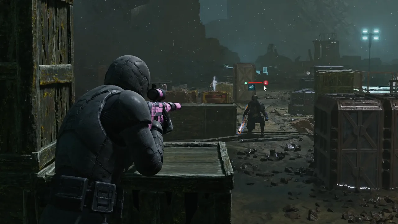 Aiming a longarm blaster at a marked Coil target during the opening exchange