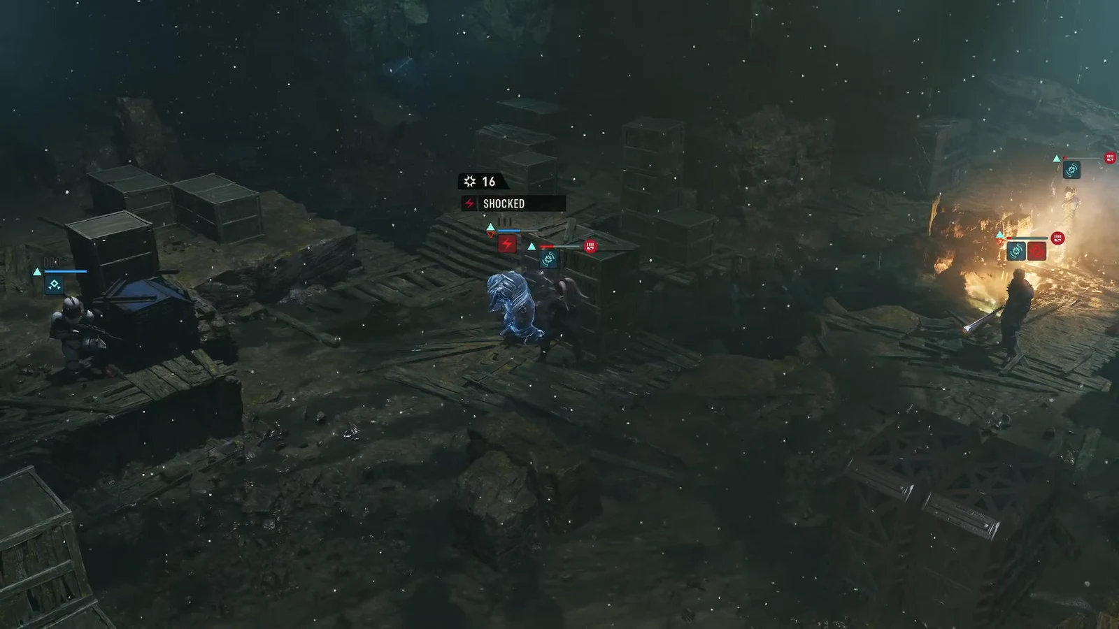 Operator on the darkened battlefield with the SHOCKED status effect highlighted mid-encounter