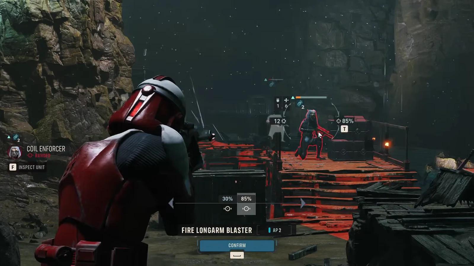 Targeting screen with a Coil Enforcer selected and Fire Longarm Blaster ready to confirm