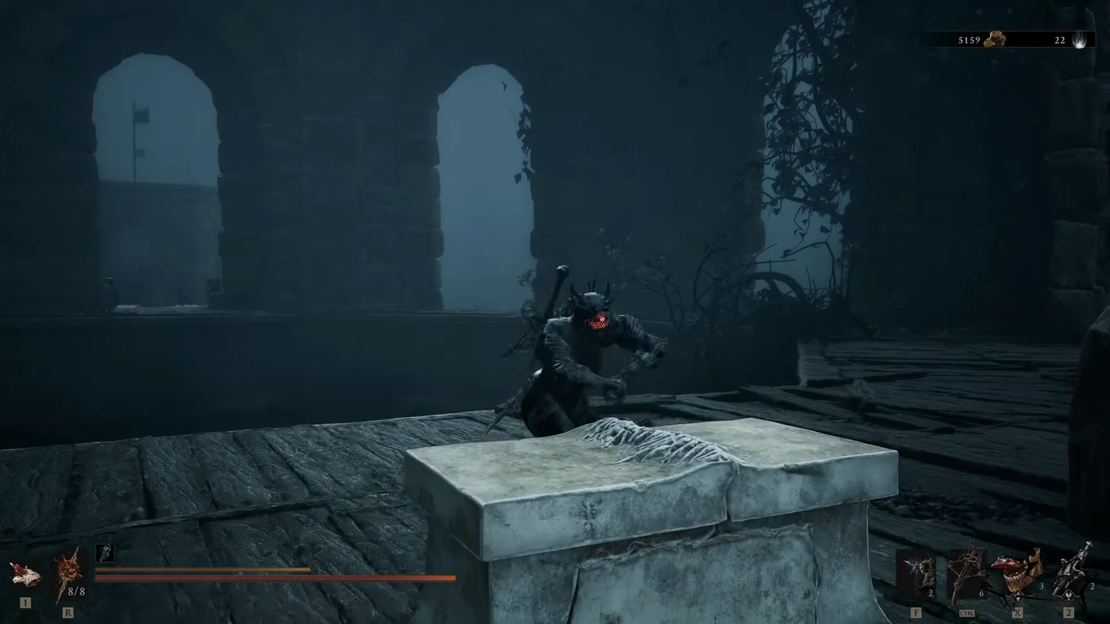 Player striking a horned enemy on a wooden platform next to stonework on the climb to the missable chest