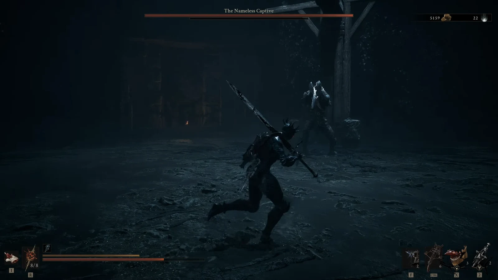 Fighting the Nameless Captive at close range with the boss health bar shown across the top of the screen