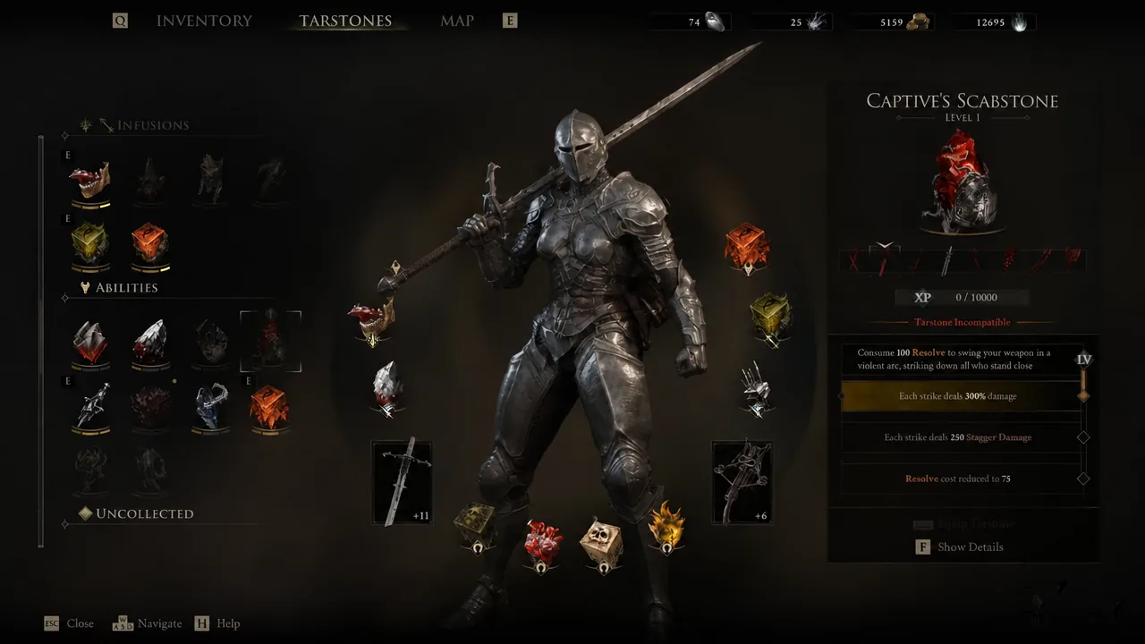 Tarstones inventory screen with Captive's Scabstone highlighted to show its description and stats