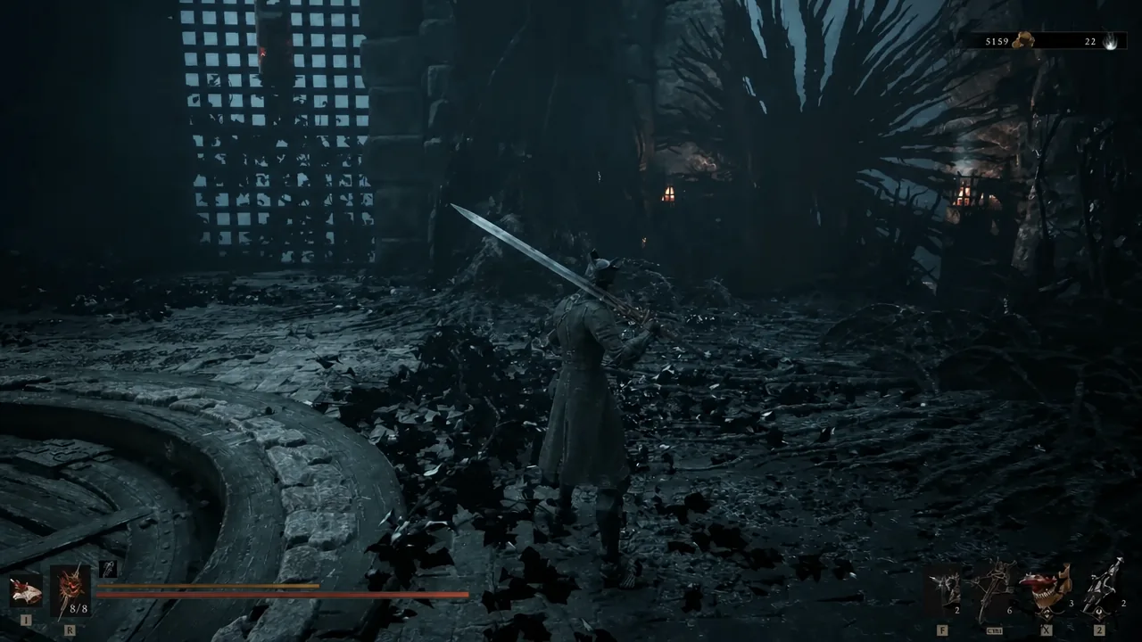 Harbinger with sword drawn moving through the dark ruins on the route to the Prisoner's Domain pit