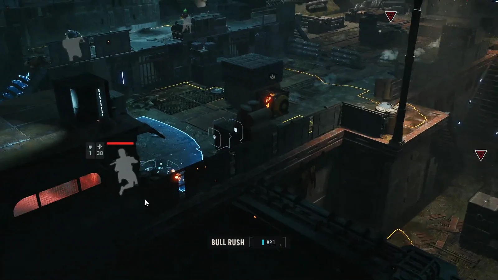 Bull Rush selected in the tactical combat view, showing its 1 AP cost before the charge